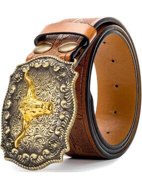 Men's Brown Leather Belt Western Cowboy Waist Strap Decoration Floral Engraved
